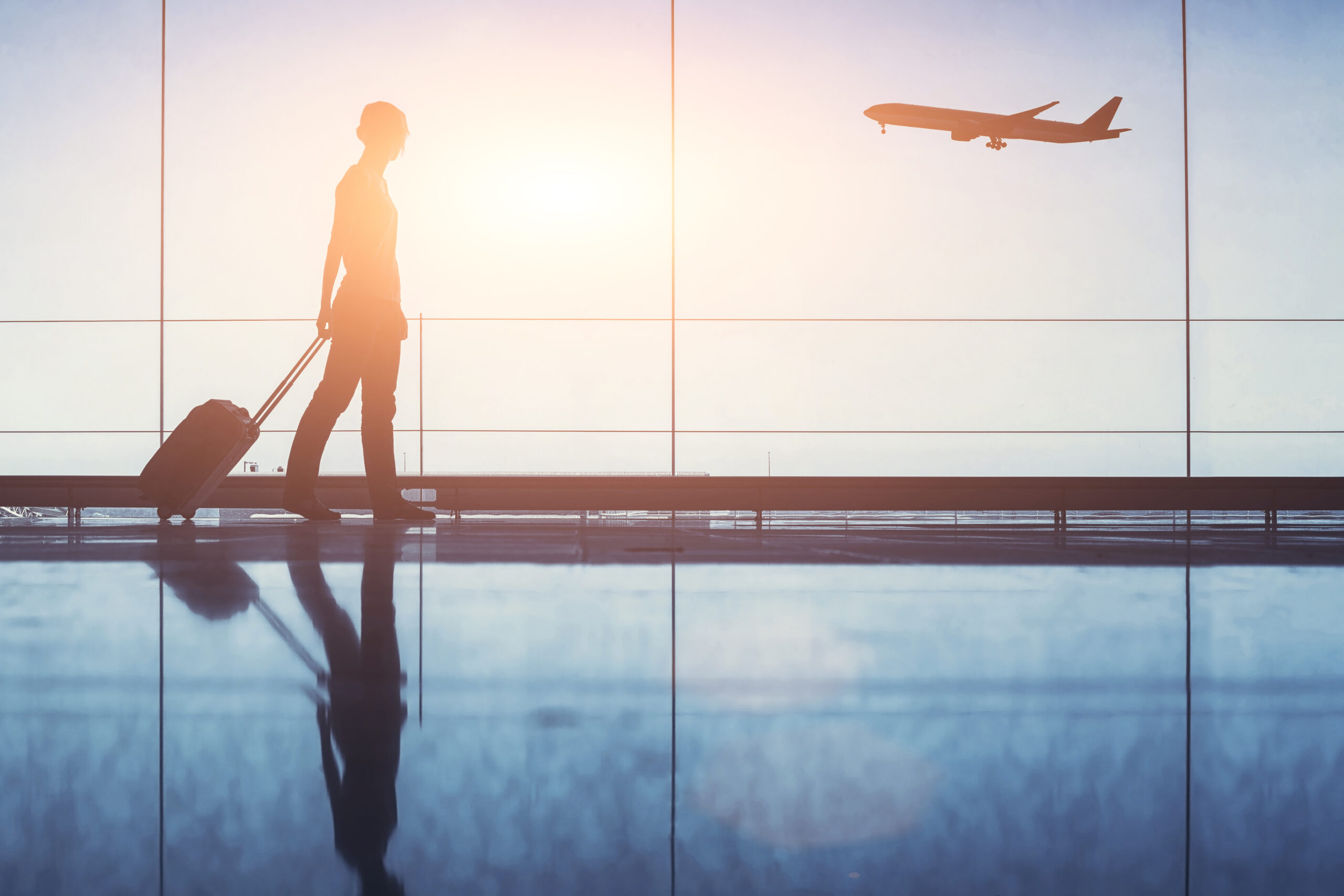 Travel. Silhouette of woman passenger with baggage in airport.